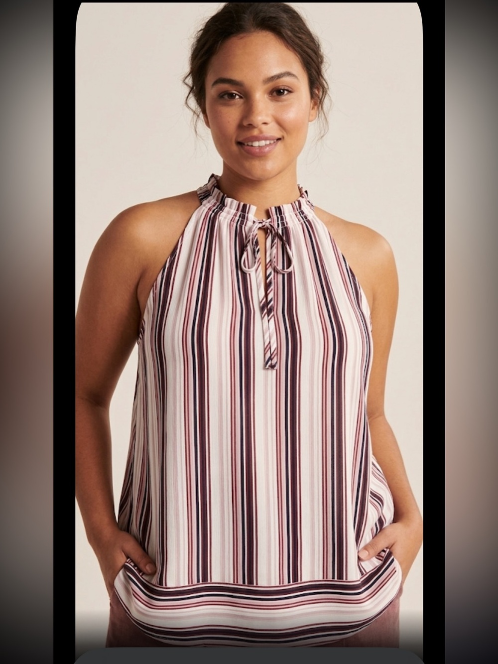 Max Studio White Blouse with Black and Mauve Stripes